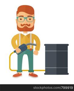 A caucasian businessman standing beside the barrel with pump. A Contemporary style. Vector flat design illustration isolated white background. Square layout . Businessman with barrel and pump.
