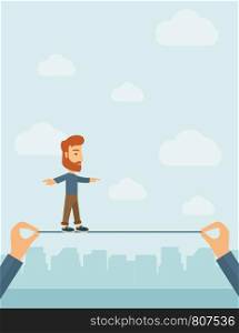 A Caucasian businessman walking on wire stretched by two hands balancing himself to achieve his goal in marketing. Determination and great achievement concept. A Contemporary style with pastel palette, soft blue tinted background with desaturated clouds. Vector flat design illustration. Vertical layout.. Businessman walking on wire.