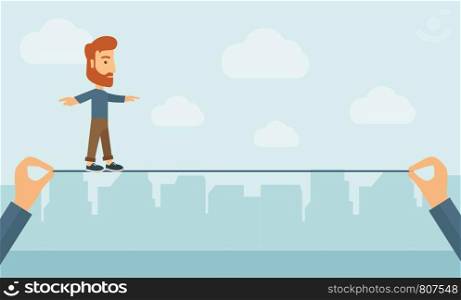A Caucasian businessman walking on wire stretched by two hands balancing himself to achieve his goal in marketing. Determination and great achievement concept. A Contemporary style with pastel palette, soft blue tinted background with desaturated clouds. Vector flat design illustration. Horizontal layout.. Businessman walking on wire.