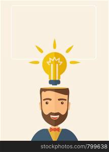 A Caucasian businessman with beard has a bright idea for marketing strategy with a bulb on his head. Human intelligence concept. A contemporary style with pastel palette, beige tinted background. Vector flat design illustration. Vertical layout with text space on the top part.. Bright idea of man