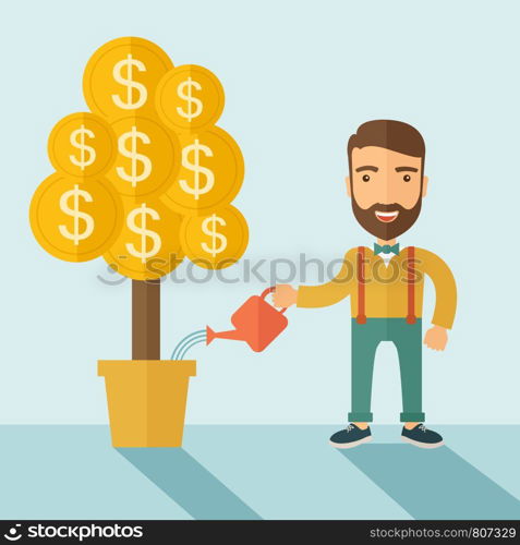 A Caucasian businessman with beard standing while happily watering a money plant growing bigger in a pot as a sign of his success in business. Career, investor concept. A contemporary style with pastel palette soft blue tinted background. Vector flat design illustration. Square layout. . Growing Businessman