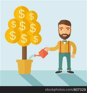 A Caucasian businessman with beard standing while happily watering a money plant growing bigger in a pot as a sign of his success in business. Career, investor concept. A contemporary style with pastel palette soft blue tinted background. Vector flat design illustration. Square layout. . Growing Businessman