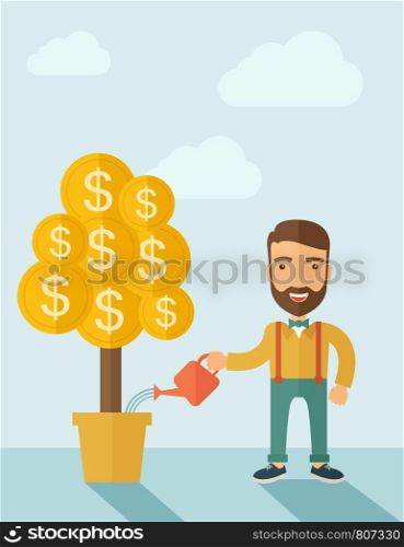 A Caucasian businessman with beard standing while happily watering a money plant growing bigger in a pot as a sign of his success in business. Career, investor concept. A contemporary style with pastel palette soft blue tinted background. Vector flat design illustration. Vertical layout with text space on top part.. Growing Businessman