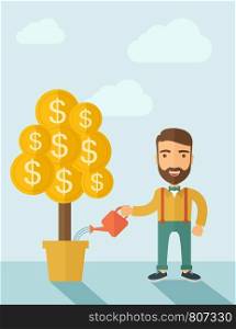 A Caucasian businessman with beard standing while happily watering a money plant growing bigger in a pot as a sign of his success in business. Career, investor concept. A contemporary style with pastel palette soft blue tinted background. Vector flat design illustration. Vertical layout with text space on top part.. Growing Businessman