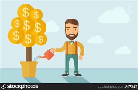 A Caucasian businessman with beard standing while happily watering a money plant growing bigger in a pot as a sign of his success in business. Career, investor concept. A contemporary style with pastel palette soft blue tinted background. Vector flat design illustration. Horizontal layout with text space in right side. Growing Businessman