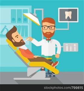 A caucasian dentist man examines a patient teeth in the clinic. Contemporary style with pastel palette, blue tinted background. Vector flat design illustrations. Square layout.. Dentist man examines a patient teeth in the clinic