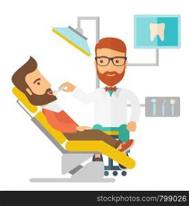 A caucasian dentist man examines a patient teeth in the clinic. A Contemporary style. Vector flat design illustration isolated white background. Square layout.. Dentist man examines a patient teeth in the clinic