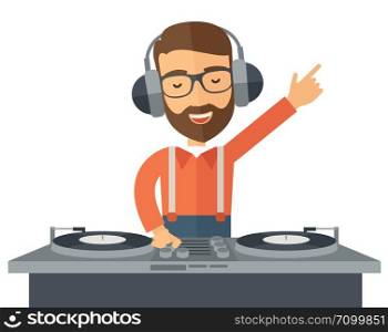 A caucasian disc jockey with headphone mixing music. A Contemporary style. Vector flat design illustration isolated white background. Horizontal layout. Disc jockey mixing music.