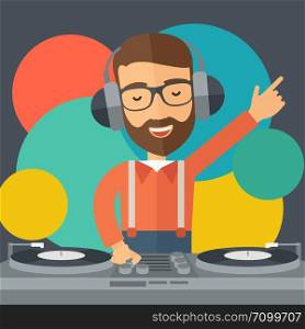 A caucasian disc jockey with headphone mixing music inside the studion room. A contemporary style with pastel palette black tinted and colorful round background. Vector flat design illustration. Square layout.. Disc jockey mixing music.