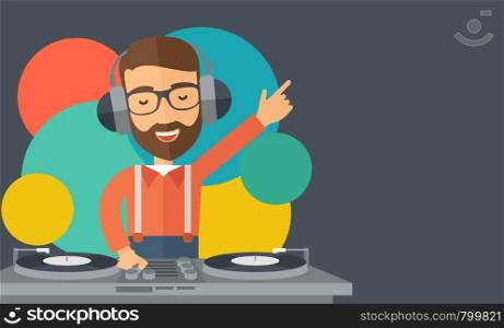 A caucasian disc jockey with headphone mixing music inside the studion room. A contemporary style with pastel palette black tinted and colorful round background. Vector flat design illustration. Horizontal layout with text space in right side.. Disc jockey mixing music.