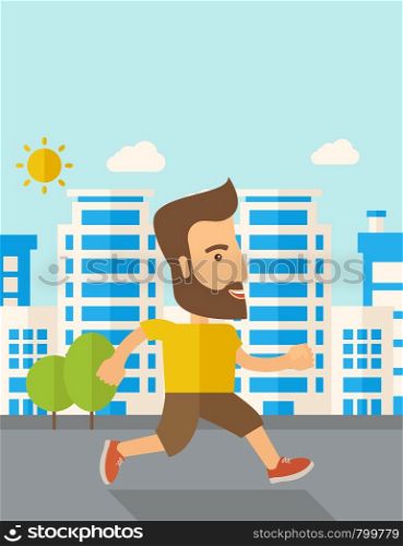 A caucasian do a jogging exercise under the heat of the sun. Healthy concept. Contemporary style with pastel palette, soft blue tinted background with desaturated cloud. Vector flat design illustrations. Vertical layout with text space on top part.. Man do jogging under the heat of sun