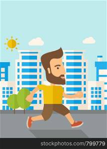 A caucasian do a jogging exercise under the heat of the sun. Healthy concept. Contemporary style with pastel palette, soft blue tinted background with desaturated cloud. Vector flat design illustrations. Vertical layout with text space on top part.. Man do jogging under the heat of sun