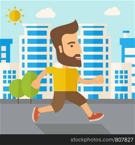 A caucasian do a jogging exercise under the heat of the sun. Healthy concept. Contemporary style with pastel palette, soft blue tinted background with desaturated cloud. Vector flat design illustrations. Square layout.. Man do jogging under the heat of sun