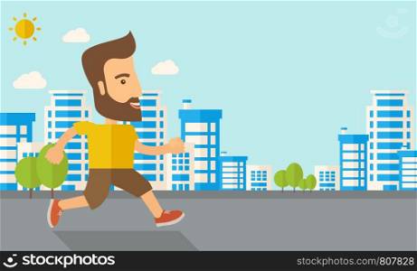 A caucasian do a jogging exercise under the heat of the sun. Healthy concept. Contemporary style with pastel palette, soft blue tinted background with desaturated cloud. Vector flat design illustrations. Horizontal layout.. Man do jogging under the heat of sun