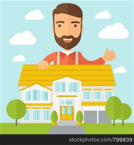 A caucasian happy for the approval of his house structure plan. A Contemporary style with pastel palette, soft blue tinted background with desaturated clouds. Vector flat design illustration. Square layout.. Man at the back of house structure plan
