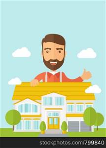 A caucasian happy for the approval of his house structure plan. A Contemporary style with pastel palette, soft blue tinted background with desaturated clouds. Vector flat design illustration. Vertical layout with text space on top part.. Man at the back of house structure plan