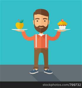 A caucasian hipster young man carries with his two hands cupcake and apple as his balance diet. A contemporary style with pastel palette dark blue tinted background. Vector flat design illustration. Square layout. . Man carries with his two hands cupcake and apple.