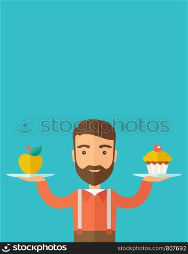 A caucasian hipster young man carries with his two hands cupcake and apple as his balance diet. A contemporary style with pastel palette dark blue tinted background. Vector flat design illustration. Vertical layout with text space on top part.. Man carries with his two hands cupcake and apple.