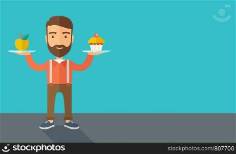 A caucasian hipster young man carries with his two hands cupcake and apple as his balance diet. A contemporary style with pastel palette dark blue tinted background. Vector flat design illustration. Horizontal layout with text space in right side.. Man carries with his two hands cupcake and apple.