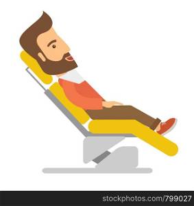 A caucasian Man lying in dentist chair. A Contemporary style. Vector flat design illustration isolated white background. Square layout.. Man lying in dentist chair.