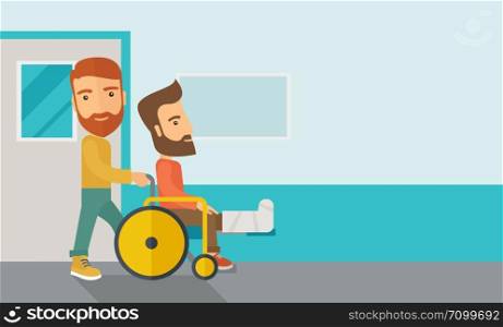 A caucasian man pushing the wheelchair with broken leg patient. Contemporary style with pastel palette, soft blue tinted background. Vector flat design illustrations. Horizontal layout with text space in right side.. Man pushing the wheelchair with broken leg patient.