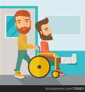 A caucasian man pushing the wheelchair with broken leg patient. Contemporary style with pastel palette, soft blue tinted background. Vector flat design illustrations. Square layout.. Man pushing the wheelchair with broken leg patient.