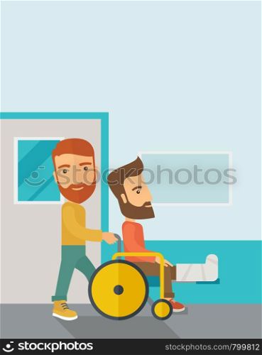 A caucasian man pushing the wheelchair with broken leg patient. Contemporary style with pastel palette, soft blue tinted background. Vector flat design illustrations. Vertical layout with text space on top part.. Man pushing the wheelchair with broken leg patient.