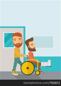 A caucasian man pushing the wheelchair with broken leg patient. Contemporary style with pastel palette, soft blue tinted background. Vector flat design illustrations. Vertical layout with text space on top part.. Man pushing the wheelchair with broken leg patient.