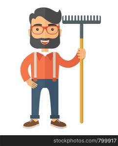A caucasian man standing holding a rake ready for gardening. A Contemporary style. Vector flat design illustration isolated white background. Vertical layout.. Man with a mustache holding rake.