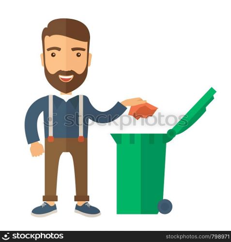 A caucasian man throwing a crumpled paper in a green garbage bin. A Contemporary style. Vector flat design illustration isolated white background. Square layout . Man throwing paper in a garbage bin