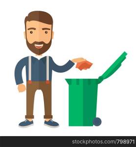 A caucasian man throwing a crumpled paper in a green garbage bin. A Contemporary style. Vector flat design illustration isolated white background. Square layout . Man throwing paper in a garbage bin