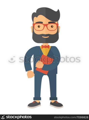 A Caucasian office clerk standing holding a book under his arm. A contemporary style. Vector flat design illustration with isolated white background. Vertical layout. . Man holding book under his arm.