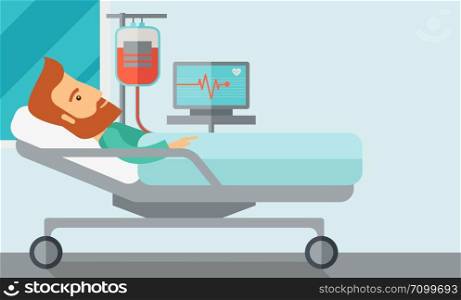 A caucasian patient in hospital bed in having a blood transfussion being monitored. Contemporary style with pastel palette, soft blue tinted background. Vector flat design illustrations. Horizontal layout with text space in right side.. Patient in hospital bed being monitored