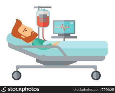 A caucasian patient in hospital bed in having a blood transfussion being monitored. A Contemporary style. Vector flat design illustration isolated white background. Horizontal layout.. Patient in hospital bed being monitored