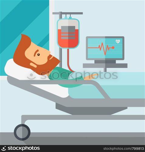 A caucasian patient in hospital bed in having a blood transfussion being monitored. Contemporary style with pastel palette, soft blue tinted background. Vector flat design illustrations. Square layout.. Patient in hospital bed being monitored