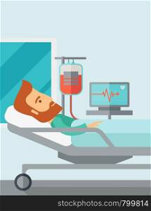 A caucasian patient in hospital bed in having a blood transfussion being monitored. Contemporary style with pastel palette, soft blue tinted background. Vector flat design illustrations. Vertical layout with text space on top part.. Patient in hospital bed being monitored