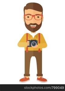 A Caucasian photographer smiling while holding his camera. A Contemporary style. Vector flat design illustration isolated white background. Vertical layout. Photographer holding his camera