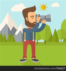 A Caucasian photographer taking a picture with the trees under the sun. Vector flat design illustration. Square layout.. Photographer taking a picture.