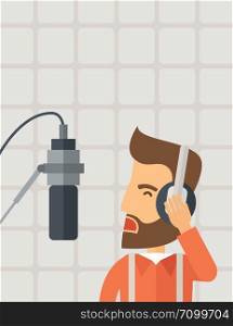 A caucasian radio DJ working in a radio station with headphone and microphone raising his voice. A Contemporary style with pastel palette, soft beige background. Vector flat design illustration. Vertical layout with text space on top part.. DJ working in a radio station