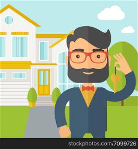 A caucasian real estate agent standing and holding a key infront of the house. A Contemporary style with pastel palette, soft blue tinted background with desaturated clouds. Vector flat design illustration. Square layout.. Real estate agent holding a key infront of the house