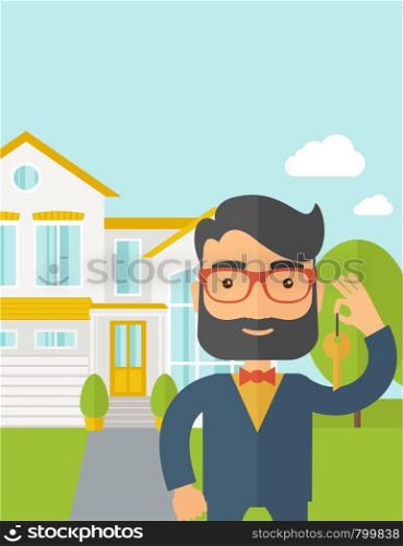 A caucasian real estate agent standing and holding a key infront of the house. A Contemporary style with pastel palette, soft blue tinted background with desaturated clouds. Vector flat design illustration. Vertical layout with text space on top part.. Real estate agent holding a key infront of the house