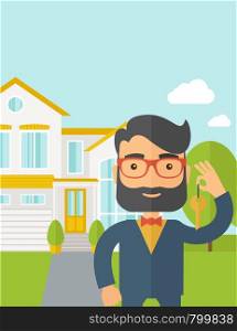 A caucasian real estate agent standing and holding a key infront of the house. A Contemporary style with pastel palette, soft blue tinted background with desaturated clouds. Vector flat design illustration. Vertical layout with text space on top part.. Real estate agent holding a key infront of the house