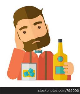 A caucasian sad man is having a problem drinking beer in the bar. Depressed concept .A Contemporary style. Vector flat design illustration isolated white background. Square layout. . Sad man alone in the bar drinking beer.