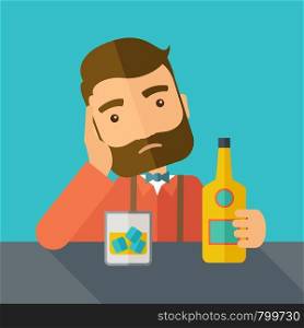 A caucasian sad man is having a problem drinking beer in the bar. Depressed concept. A contemporary style with pastel palette dark blue tinted background. Vector flat design illustration. Square layout. . Sad man alone in the bar drinking beer.