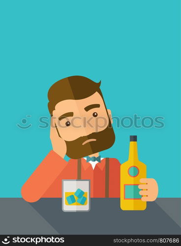 A caucasian sad man is having a problem drinking beer in the bar. Depressed concept. A contemporary style with pastel palette dark blue tinted background. Vector flat design illustration. Vertical layout with text space on top part.. Sad man alone in the bar drinking beer.