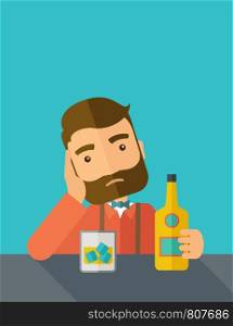 A caucasian sad man is having a problem drinking beer in the bar. Depressed concept. A contemporary style with pastel palette dark blue tinted background. Vector flat design illustration. Vertical layout with text space on top part.. Sad man alone in the bar drinking beer.