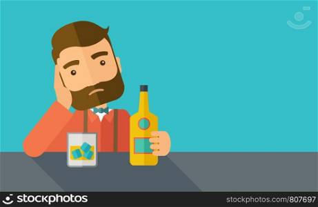 A caucasian sad man is having a problem drinking beer in the bar. Depressed concept. A contemporary style with pastel palette dark blue tinted background. Vector flat design illustration. Horizontal layout with text space in right side.. Sad man alone in the bar drinking beer.