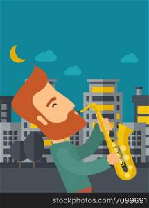 A caucasian saxophonist playing in the streets at night with moon and clouds. Vector flat design illustration. Vertical layout with text space on top part.. Saxophonist playing in the streets at night