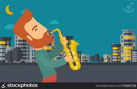 A caucasian saxophonist playing in the streets at night with moon and clouds. Vector flat design illustration. Horizontal layout.. Saxophonist playing in the streets at night