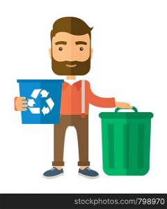 A Caucasian standing outside the house sorting a trash and will throw to the barbage bin. Eco-friendly. A Contemporary style. Vector flat design illustration isolated white background. Vertical layout.. Man sorting a trash